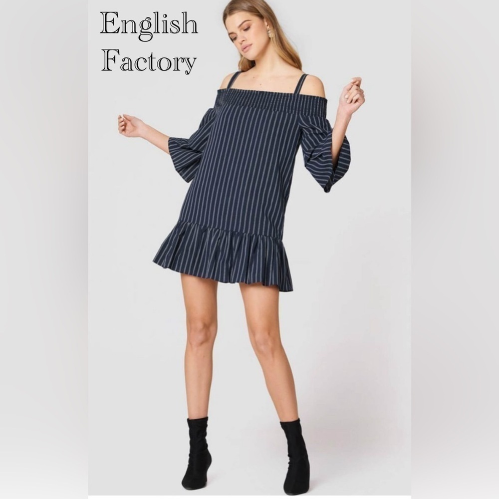 🔥NEW Anthropologie Nautical Navy Stripe Off Shoulder Mini Dress Ruffled Hem Sm.
